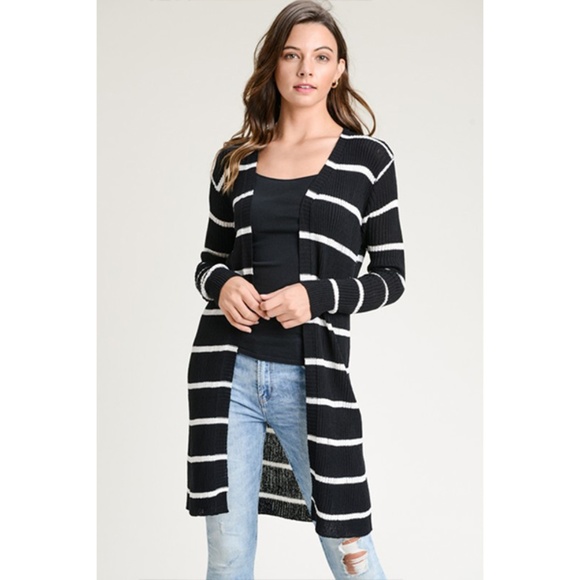 Doe&Rae Black Stripes Knit Open Front Cardigan - Picture 2 of 7